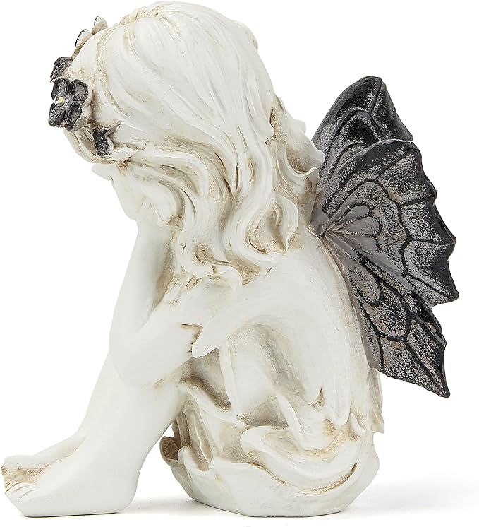 Leekung Ivory White Resin Sculpture, Angel Figurine with Solar Powered Lights for Outdoor Decor, Garden Decorations & Memorial Gifts