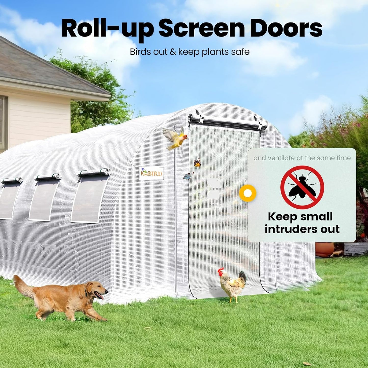 KING BIRD Premium 20x10x6.6FT Greenhouse for Outdoors, Large Walk-in Heavy Duty Galvanized Steel Frame, Mesh Door Screen Window Upgraded Zipper Tunnel Hoop for Garden Plant Winter, White