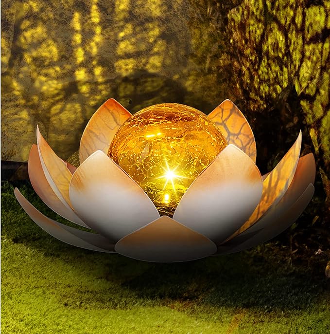 Huaxu Solar Lights Outdoor Garden Decorative Art Metal Lotus Cracked Glass Ball Waterproof Decorations for Pathway Lawn Patio Yard Ground Tabletop Gifts