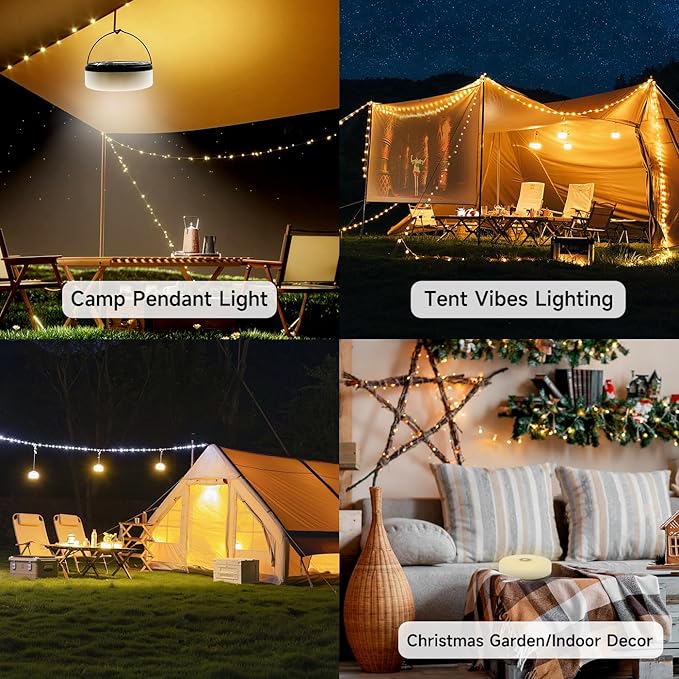Solar Camping String Lights Roll Up 32.8FT, Rechargeable via Solar and USB, Waterproof Portable 2 in 1 Camping String Lights Lamp for Outdoor Camp Tent Garden Party Festival Decorations