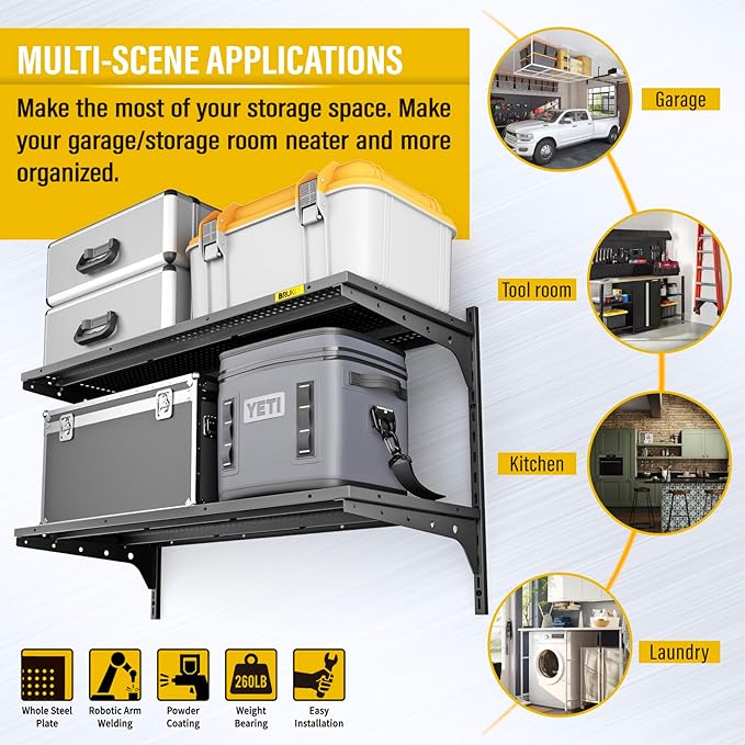 2 Tier 1.3x3ft Garage Shelving Wall Mounted, 400 lbs Load Capacity,15.6x36inch per Shelf Height Cassette Adjustable Floating Shelves(Black)