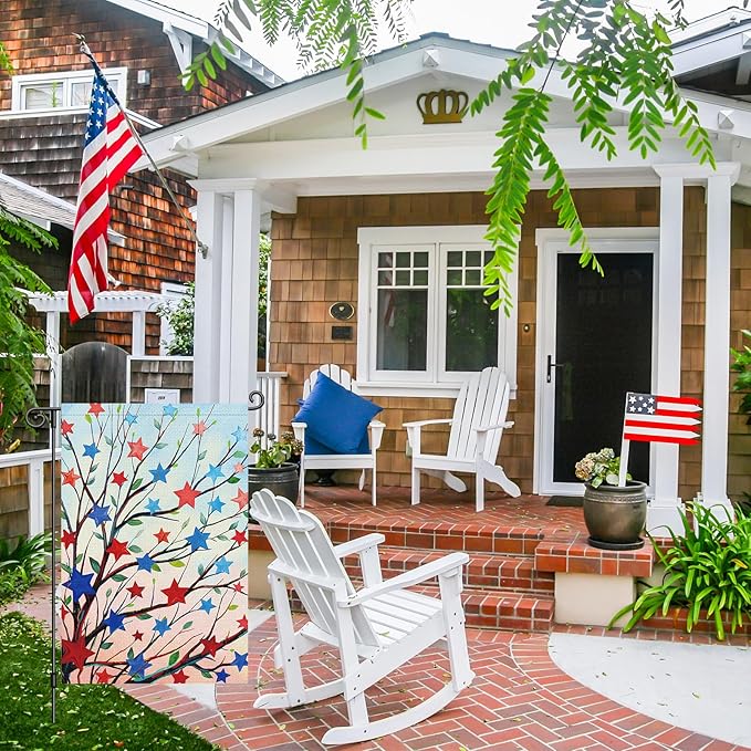 Louise Maelys 4th of July Garden Flag Patriotic Five-pointed Stras Tree Independence Day 12x18 Inch Welcome Double Sided Stars and Stripes Small Burlap Yard Sign Outside Outdoor House Decor