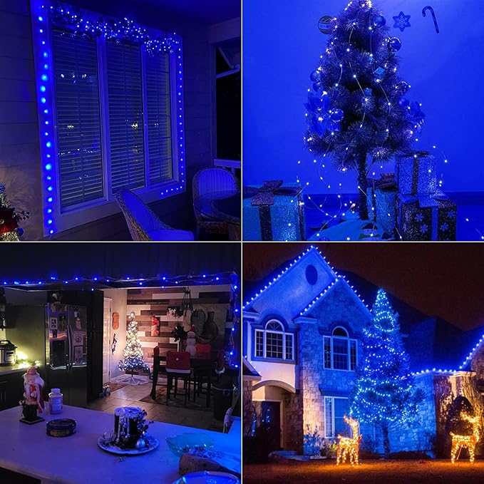 QITONG 4 Pack Solar Fairy Lights Blue, Each 33ft 100 LED String Lights Outdoor Waterproof, 8 Modes Blue Solar Lights for Outside Tree Garden Pool Wedding Party Christmas