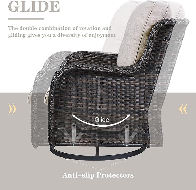 5 Piece Outdoor Patio Furniture Set - Outdoor Conversation Couch and Loveseat Glider Chair Furniture Set with Rattan Coffee Table for Deck Balcony Poolside Brown Wicker/Beige Cushions