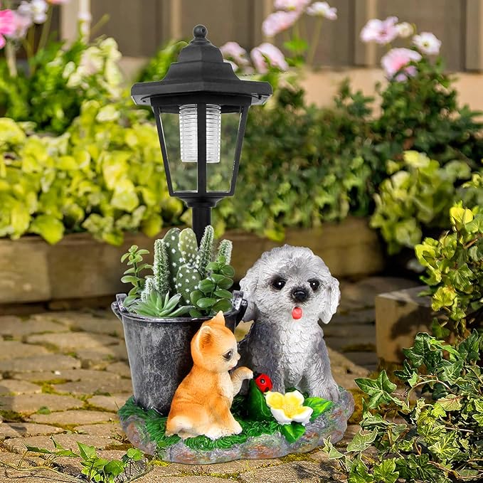 Garden Dog Statue,Resin Teddy & Cat Figurine with Solar LED Light,Flower Pots Planters Pots for Succulent,Outdoor Sculpture for Patio Balcony Yard Lawn Decor,Unique Gift for Dad Mom Grandma