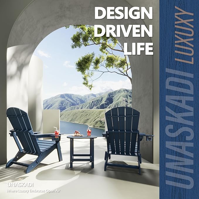 Folding Adirondack Chair with Cup Holder, HDPE All Weather Resistant Plastic Outdoor Patio Chairs, Heavy Duty Fire Pit Seating for Backyard Lawn Garden, Wooden Textured Design(Navy Blue)