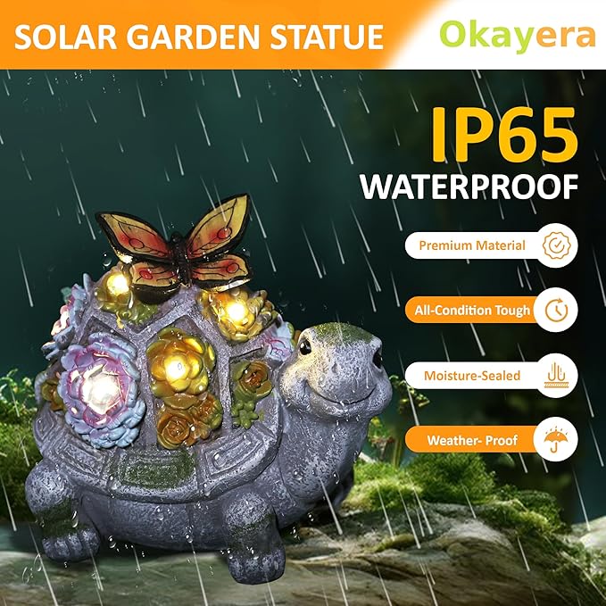 Garden Turtle Statue, Solar Outdoor Decor Tortoise with Succulent, Waterproof Animal Ornaments for Patio Clearance Balcony Court, Great Easter Gift Birthday for Mom Women