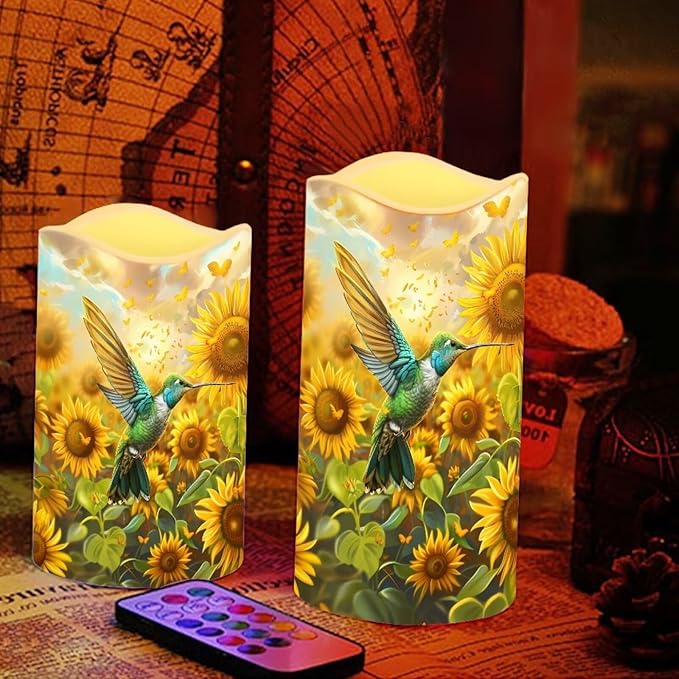 Ystardream Operated Candles with Flickering Flame Flameless Taper Candles Flickering Operated Electric Pillar Candle LED Candle for Indoor Outdoor Home Decor Hummingbird Sunflower