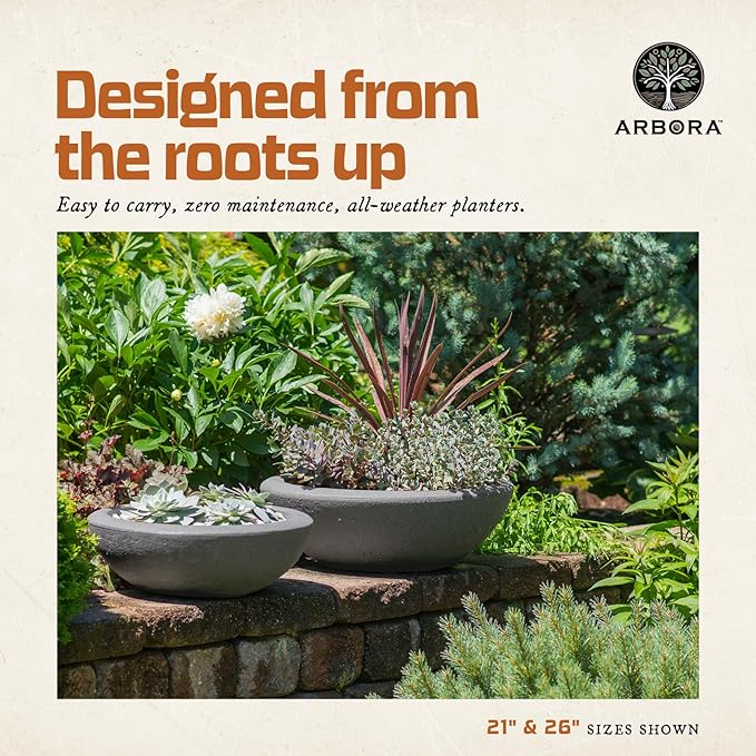 ARBORA 21" Santorini Bowl Polyresin Indoor and Outdoor Planter with Stone Blend Concrete Gray Finish - Durable, Weatherproof, Lightweight, Large Plant Pot for Patio, Garden, Deck, Entryway