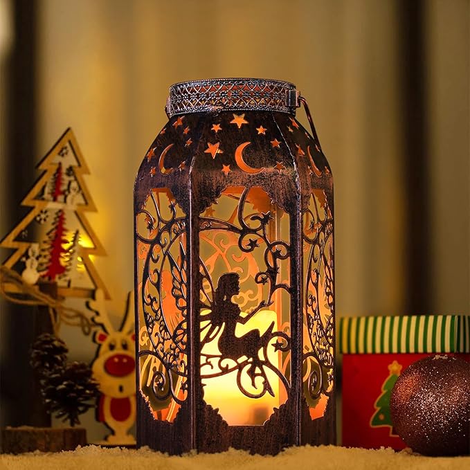 Solar Lanterns Outdoor Hanging Metal Bronze Moon Fairy Lantern, 1 Pack Waterproof Flickering Flameless Candle Mission Lights for Table,Pathway,Garden Gifts for Women, Mothers' Day Gift