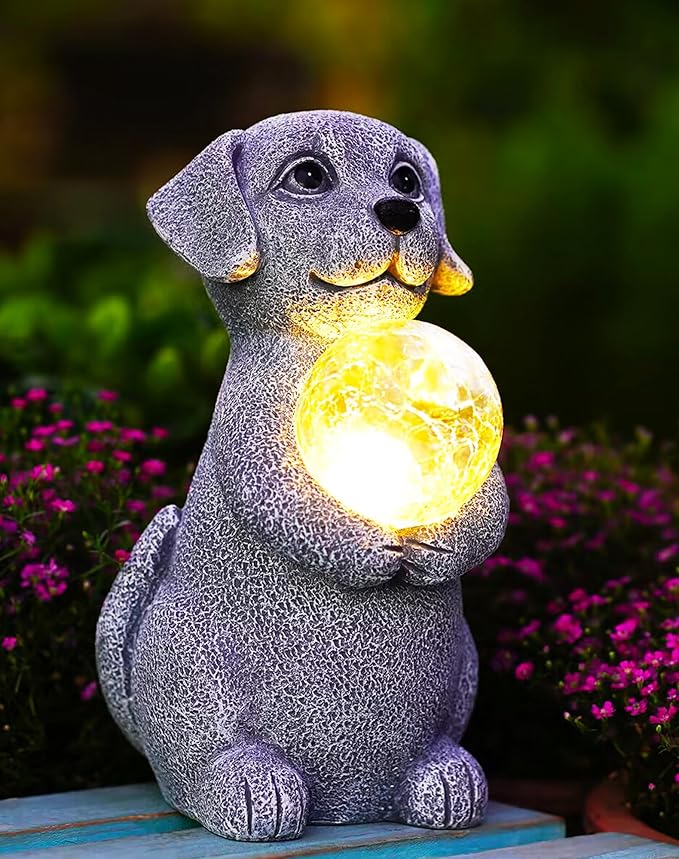 Solar Dog Garden Statues - 8.4 "Dog Decor with Gazing Ball Solar LED Lights, Unique Gifts for Mom Grandma Birthdays, Outdoor Decor for Outside Lawn Porch Patio (Gray)