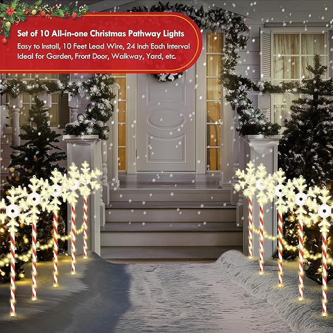 Christmas Pathway Lights Snowflake Outdoor 10PK 28inch 250LED 8 Modes Yard Decoration Flashing Waterproof Outdoor Lighted Up Christmas Light Decor for Garden Yard (Red)