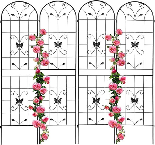 4 Pack Metal Garden Trellis 86.7" Black Fence Rustproof Garden Trellis for Climbing Plants Support Roses Flower Outdoor Lawn, Black