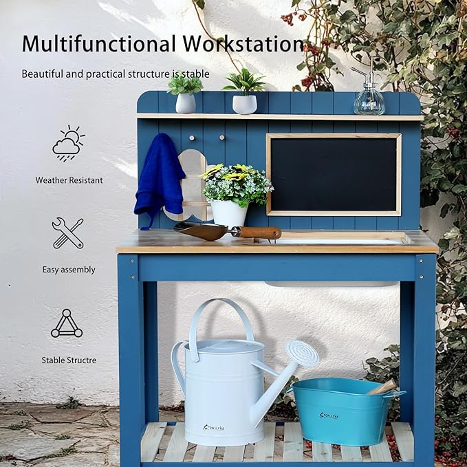 Kids Potting Bench Table Garden Workbench Outdoor Kids Garden Double-Layer Planting Table with Drawing Board Removable Sink,Wood Outdoor Play Kitchen for Toddlers,Backyard and Porch Blue