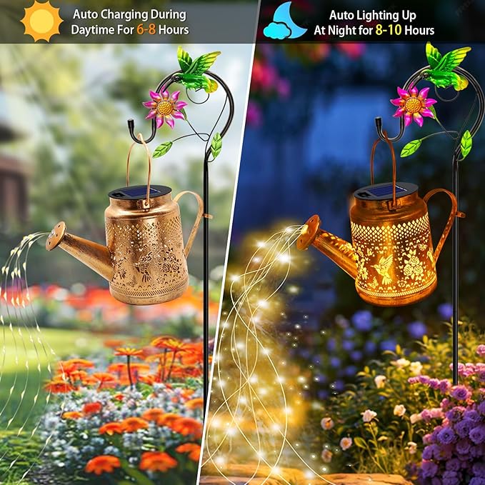 Solar Lanterns Outdoor Waterproof,Hummingbird Watering Can Garden Decor,Hanging Solar Path Lights Yard Art,Outside Patio Decorations Gardening Birthday Gifts for Mom Grandma Women with Shepherd Hook