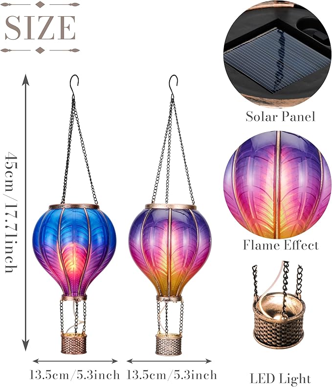 TERESA'S COLLECTIONS 2 Pack Hanging Solar Lantern Outdoor Garden Decor for Valentine ,Waterproof Plastic Hot Air Balloon Purple Flickering Flame Effect Lantern for Yard Tree Gift for Mom,18"