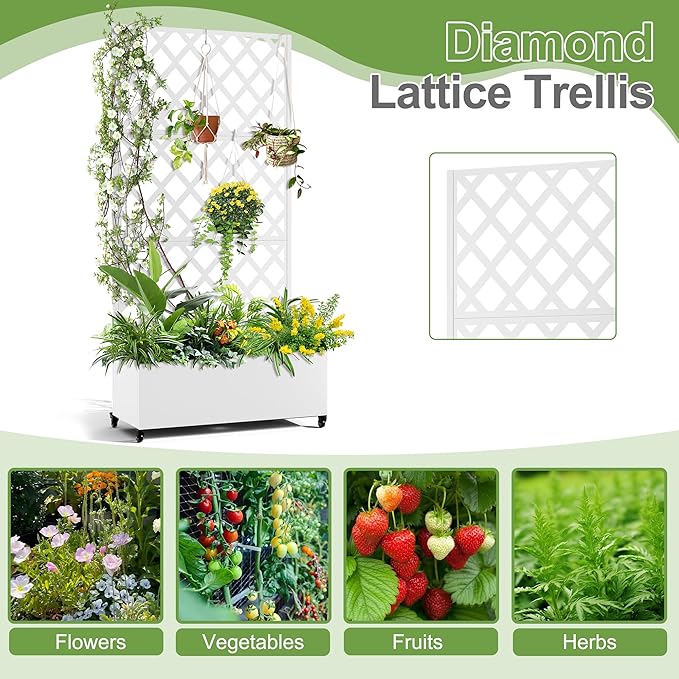 Metal Planter Trellis Box with Wheels & Drain Plug Outdoor Raised Garden Bed Patio Privacy Screen with Planter for Climbing Plants, Vegetables 73"x35"x16" White-Diamond