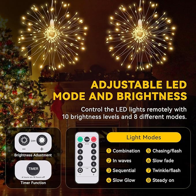 4 Pack Firework Lights - 120 LED Copper Wire String Lights with 8 Modes, Dimmable, Remote Controlled, Waterproof for Party, Home, Christmas, Garden, Outdoor Decoration