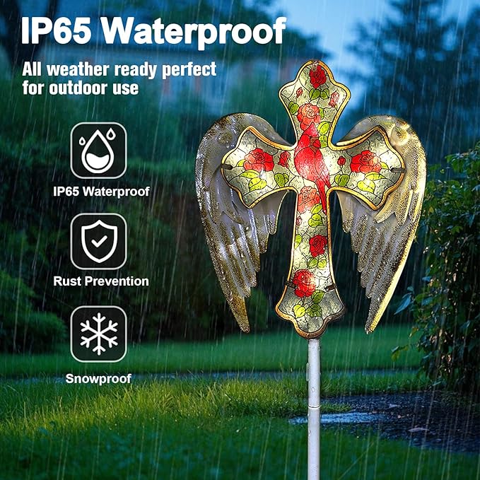 Solar Cross Garden Lights, Solar Cardinal Stake Lights Cemetery Decorations for Grave, Jesus Cross Sympathy Memorial Gifts for Mother Grandma, Glass Garden Art for Yard Lawn Patio Decor