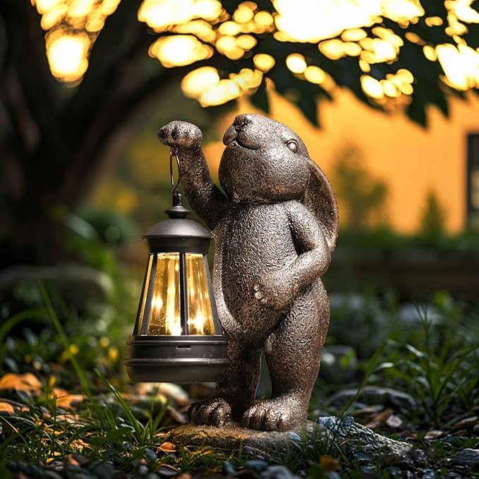 Garden Statues Rabbit with Solar Lantern,Lawn Garden Decor Outdoor Statue for Patio, Balcony, Yard Ornament,Ideal Rabbit Housewarming Gifts & Birthday Gifts for Grandma Mom Women