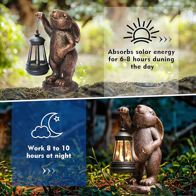 Garden Statues Rabbit with Solar Lantern,Lawn Garden Decor Outdoor Statue for Patio, Balcony, Yard Ornament,Ideal Rabbit Housewarming Gifts & Birthday Gifts for Grandma Mom Women