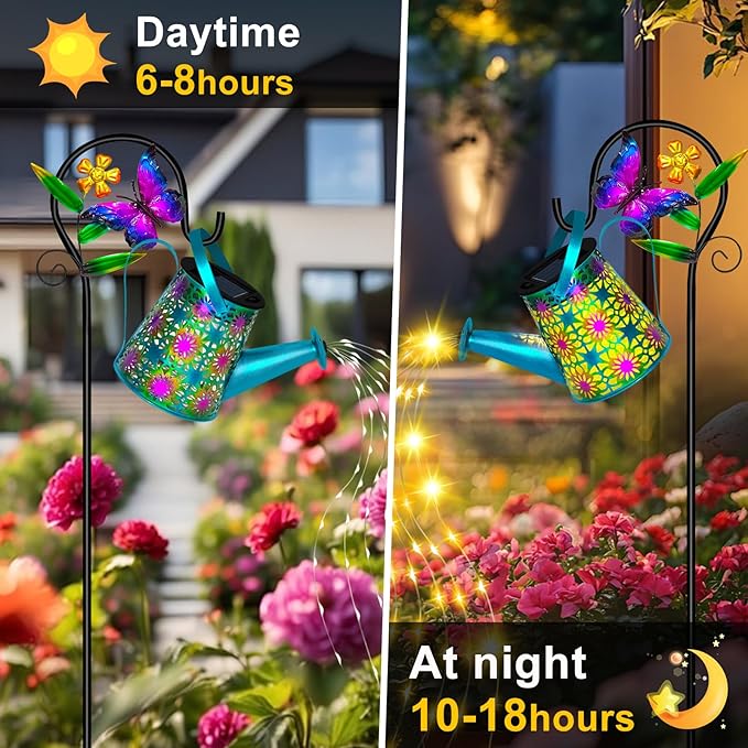 Solar Watering Can with Lights, Waterproof Solar Lantern with Butterfly Shepherd Hook, Hanging Garden Lights for Patio Yard Lawn Porch Outdoor Decoration, Unique Garden Gifts for Women