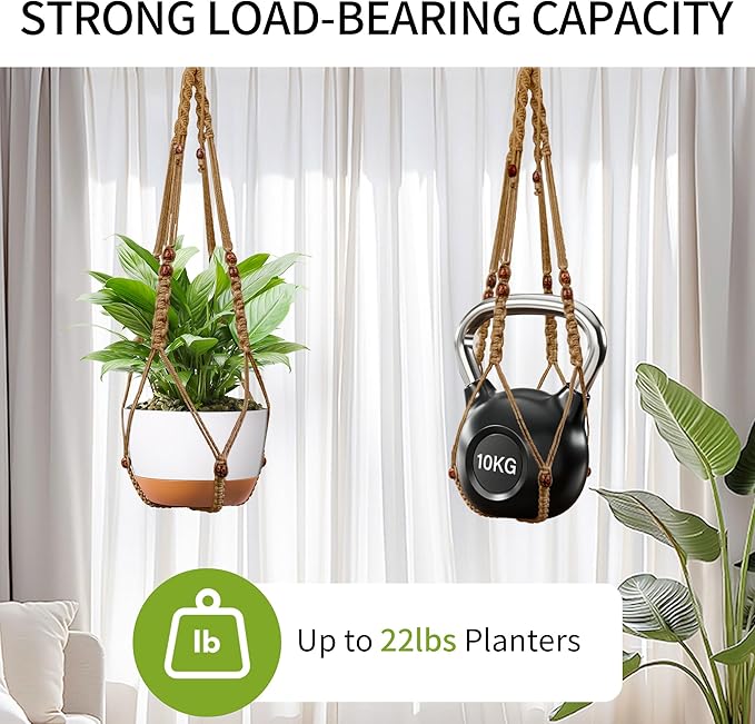 43 Inch Macrame Plant Hanger - Fits 6-15 Inch Pots, Extra Long Hanging Planter Holder for Indoor Outdoor, with Red Wood Beads, Boho Home Decor, 2 Pack, Brown (POTS NOT Included)