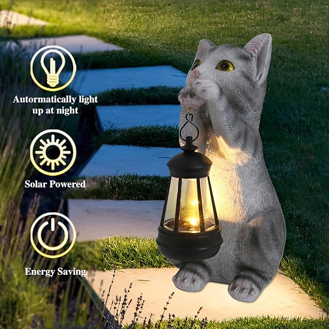 Afirst Solar Cat Statue Garden Decor, Outdoor Statue Decor with Solar Lantern Lovely Cat Figurine Patio Lawn Yard Art Ornaments Housewarming Gift