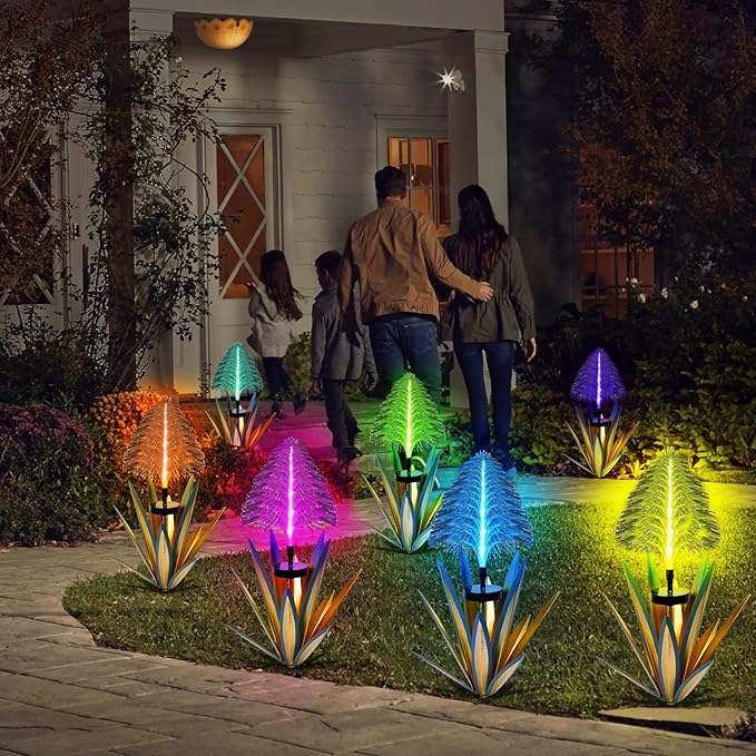 Metal Outdoor Decoration Gift Metal Agave Plants Outdoor Decor, Metal Agave Yard Art Garden Lights Solar Outdoor, 7 Color Changing Garden Yard Pathway Xmas Decor Waterproof & Solar Powered(1pcs Blue)
