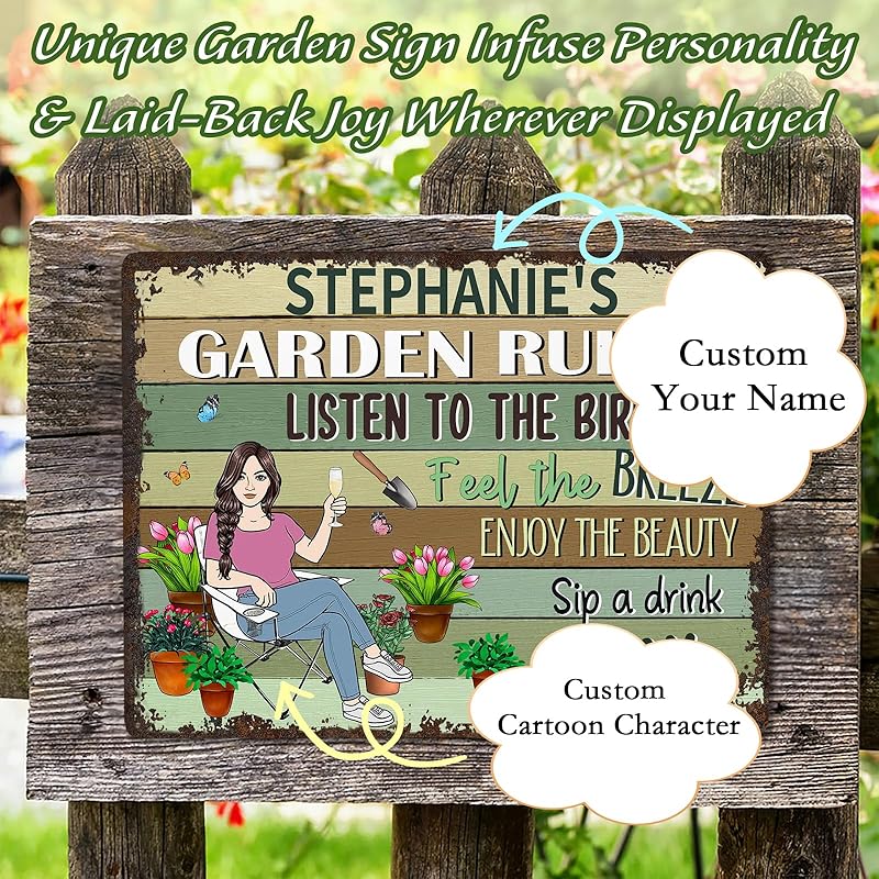 Personalized Retro Garden Metal Sign, Custom Cartoon Character and Name, Funny Garden Decor, Gift for Family, Friends, Women Gardeners, Gardening Lovers, Yard Outdoor Artwork Prints