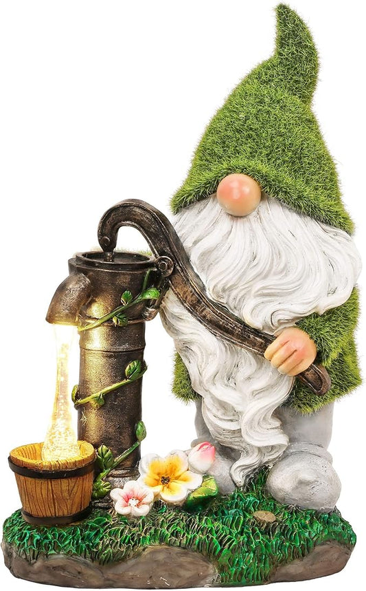 TERESA'S Collections Resin Garden Gnomes Decor with Solar Lights, Light Green Outdoor Decorations for Porch Patio, Gifts for Women and Men，Outdoor Garden Decor Ornaments for Outside, 9"