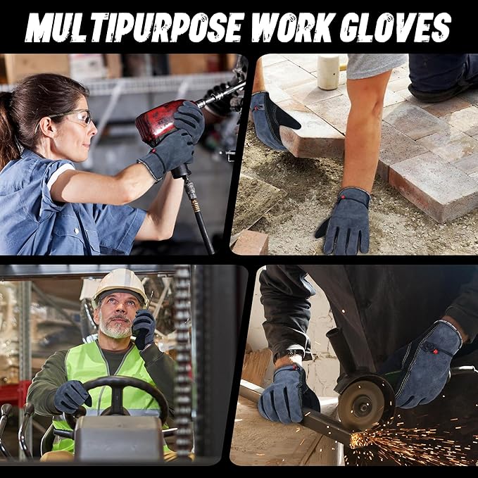 HLDD HANDLANDY Leather Work Gloves for Men & Women, Adjustable Wrist Cowhide Gardening Glove with Reinforced Palm for Driver