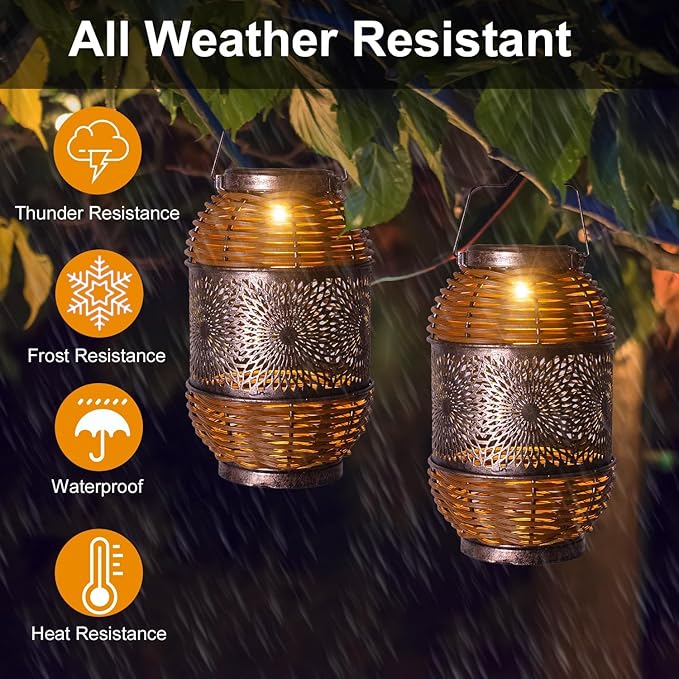 2 Pack Solar Lanterns Outdoor,Rattan with Metal Decorative Garden Hanging Lanterns Waterproof Christmas Gifts for Women LED Light with Handle for Table,Patio,Pathway,Pergolas,Tree,Yard,Fence,Hook