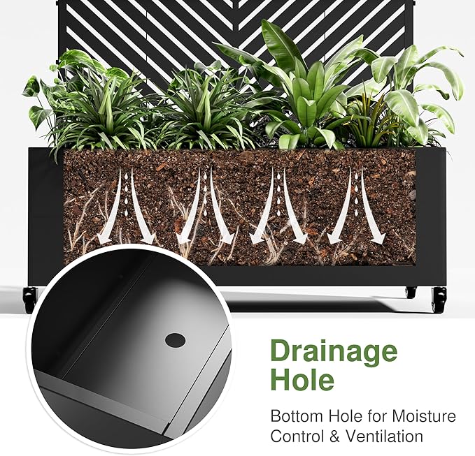 Casaphoria Metal Raised Garden Bed with Trellis and Wheels, 72"x47"x16" Planter Box for Climbing Plants, Vegetables & Vines, Features Drainage Holes and Privacy Screen (Black-Parallel)