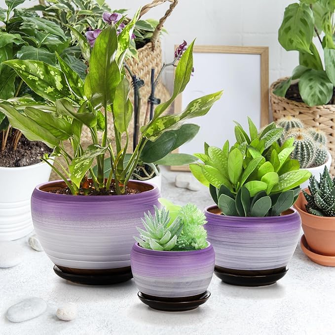SOUJOY Set of 3 Ceramic Flower Pots, Gardening Plant Pot with Drainage Holes and Saucer, 7/5/4 inch Purple Round Succulent Herbs Cactus Planter for Indoor Outdoor
