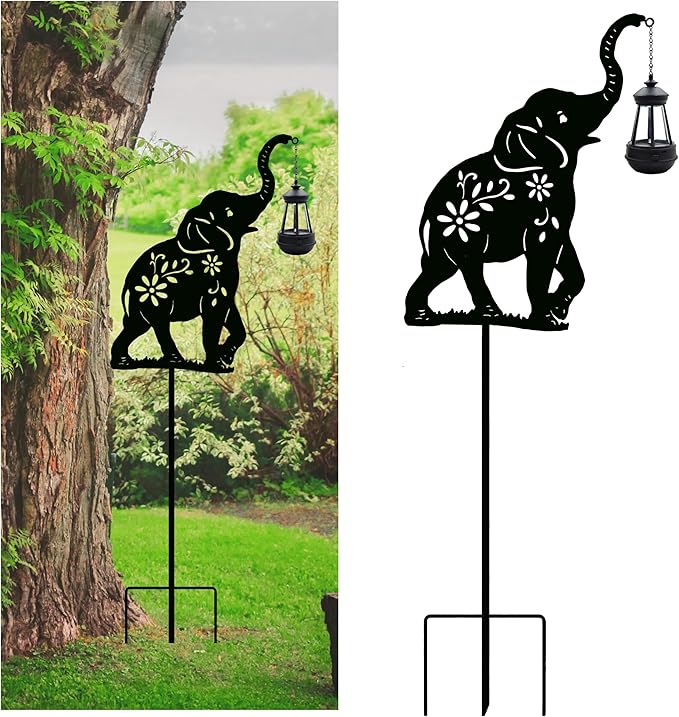 Solar Elephant Garden Stakes Outdoor Solar Decor Metal Elephant Holding Solar Animal Lantern Decorative Garden Metal Animal Stakes Outdoor Elephant Silhouette Stakes