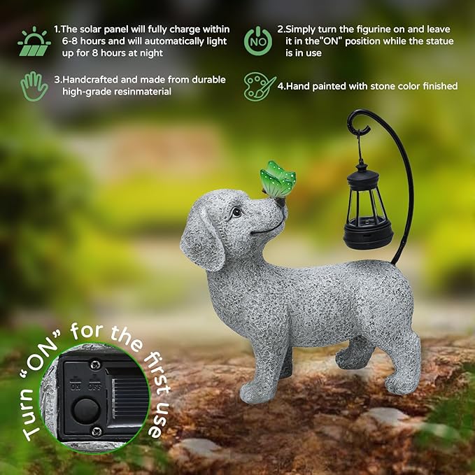 Solar Garden Outdoor Statues Dog with Butterfly Solar Lantern, Lawn Decor Puppy Figurine for Patio Balcony Yard, Yard Unique Christmas Birthdays Gift for Mom Grandma