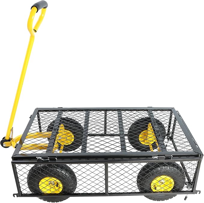 Steel Garden Cart 400 lbs Capacity with Removable Steel Mesh Sides to Convert into Flatbed, Utility Metal Wagon 180°Rotating Handle Multi-Purpose