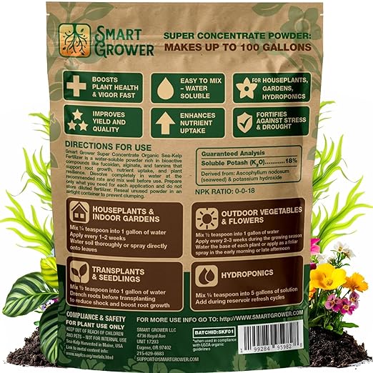 Organic Sea Kelp Fertilizer for Plants – Water-Soluble – Makes 100 Gallons – Kelp Meal Concentrate Plant Food – for Indoor Gardens, Hydroponics, Vegetables, Houseplants - Smart Grower - 4oz Bag
