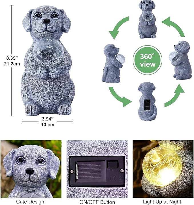 Solar Dog Garden Statues - 8.4 "Dog Decor with Gazing Ball Solar LED Lights, Unique Gifts for Mom Grandma Birthdays & Dog Lovers, Outdoor Decor for Outside Lawn Porch Patio (Gray)