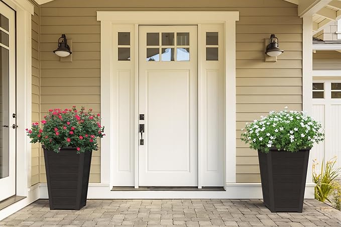 Keter Set of 2 Resin Modern Outdoor 22 Inch Tall Large Flower Pots, Tapered Wood Look Planters for Outdoor Plants and Front Porch Decor, Graphite