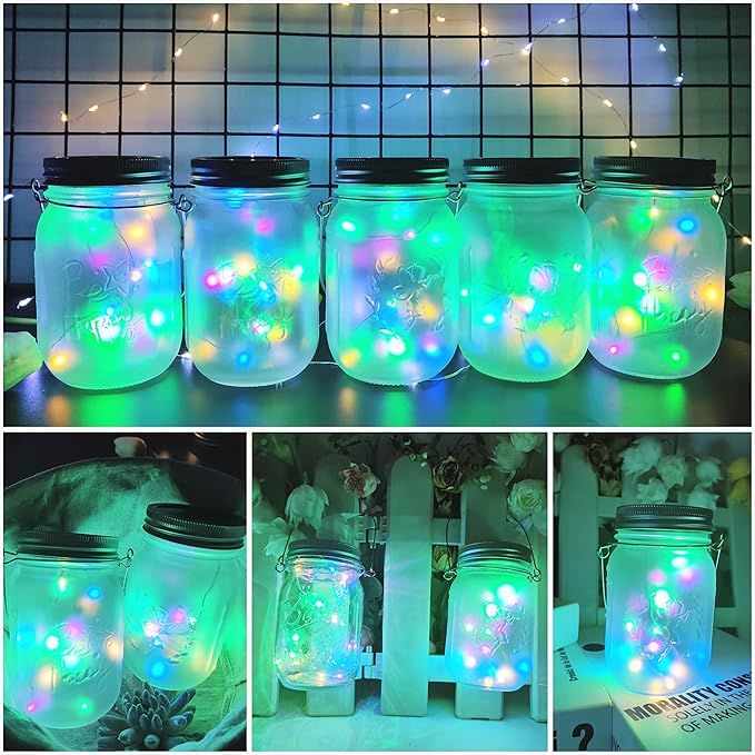 SmilingTown Solar Mason Jar String Light Lids 12 Pack 30 LED Fairy Firefly Inserts Lighting with 12 Hangers Waterproof for Outdoor Tree Patio Lawn Garden Decor, No Jars (Multi-Colored)