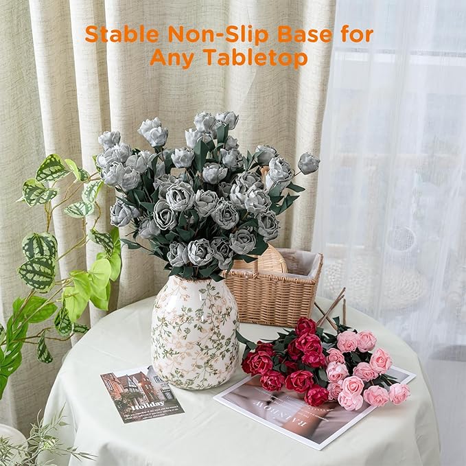 Rustic Vintage Ceramic Vase, 7.8 inch Beige and Green Decorative Vase, Aesthetic Farmhouse Pottery Vase for Home Decor, Living & Dining Room, Bookshelf, Office, TV Stand Table Decor