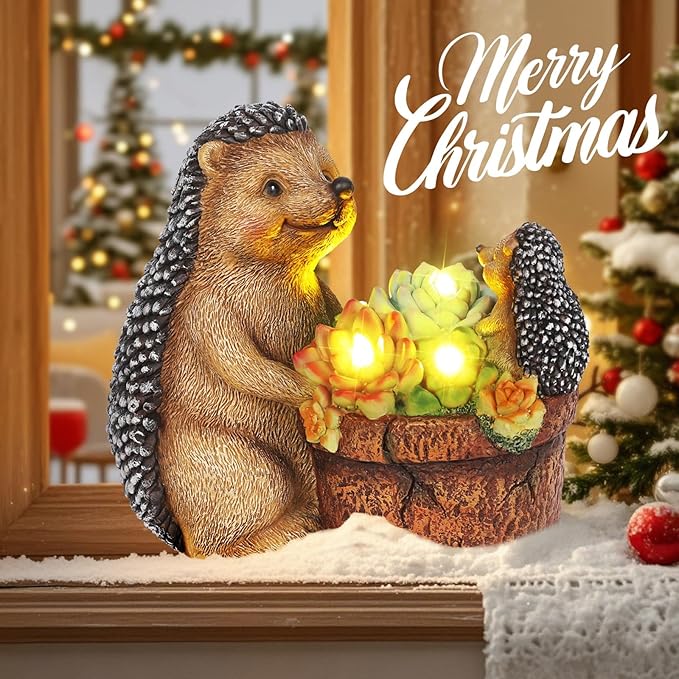 Succulent Hedgehog Garden Statues with Solar Outdoor Lights for Garden Decor, Animal Figurines Resin Outdoor Statues, Garden Gifts for Women Mom Lawn Ornaments for Patio Yard Decor