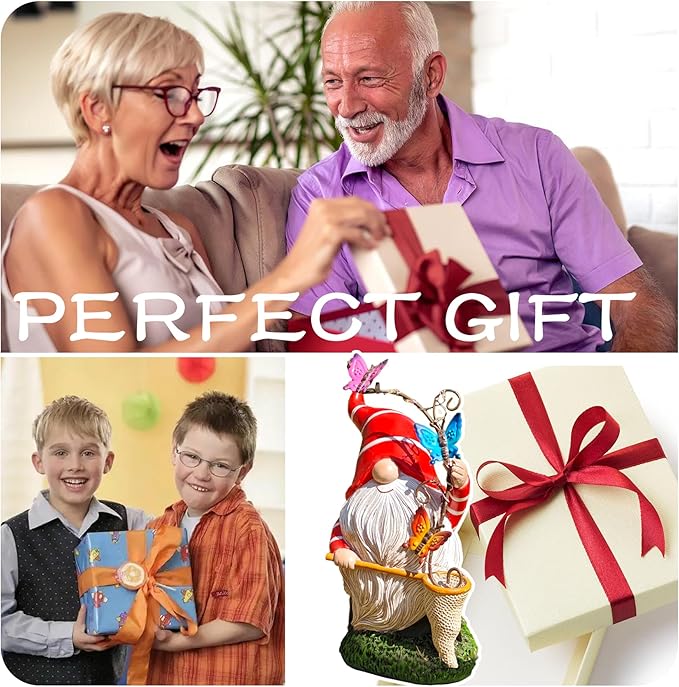 Solar Powered Gnome Garden Statue with Iron Butterflies - LED Lighted Garden Decorations, Resin Gnome with Butterfly Net, Gifts for Women and Men，Outdoor Decor Ornaments for Outside