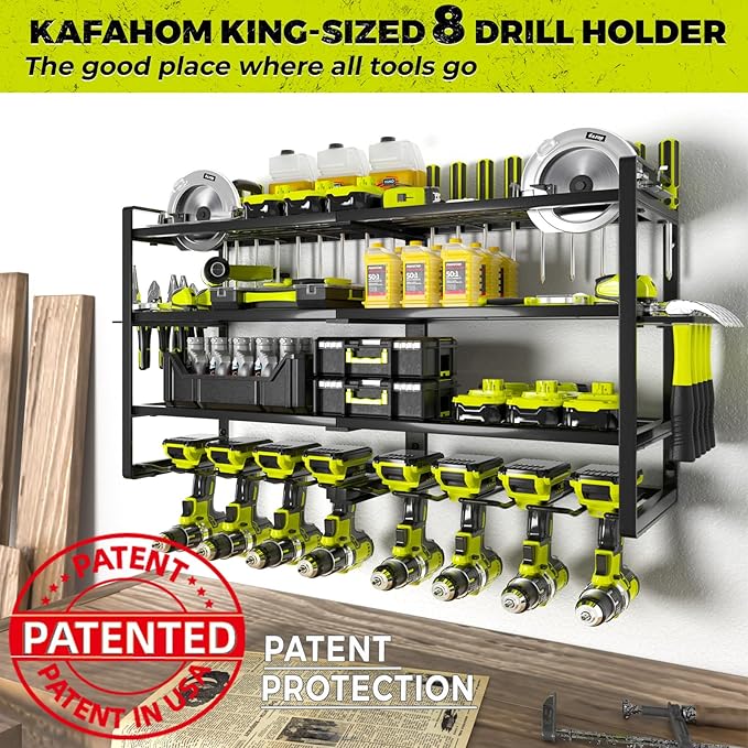 KAFAHOM Power Tool Organizer-8 Drill Holder Wall Mount,4 Layer Heavy Duty Metal Power Tool Storage Rack,Garage Tool Organizer and Storage with Screwdriver Holder/Plier Holder/Hammer Holder