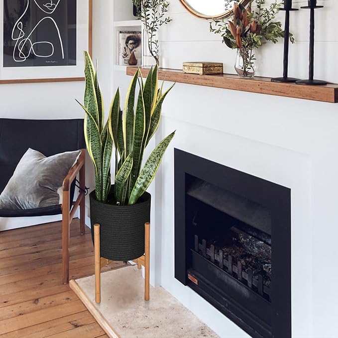 Cotton Rope Plant Basket, Woven Basket Planter for 11 inch Pot, Round Indoor Tree Pot Cover, Storage Bin Organizer, Modern Basket for Plants and Home Decor, 12.5”X12.5”, Black