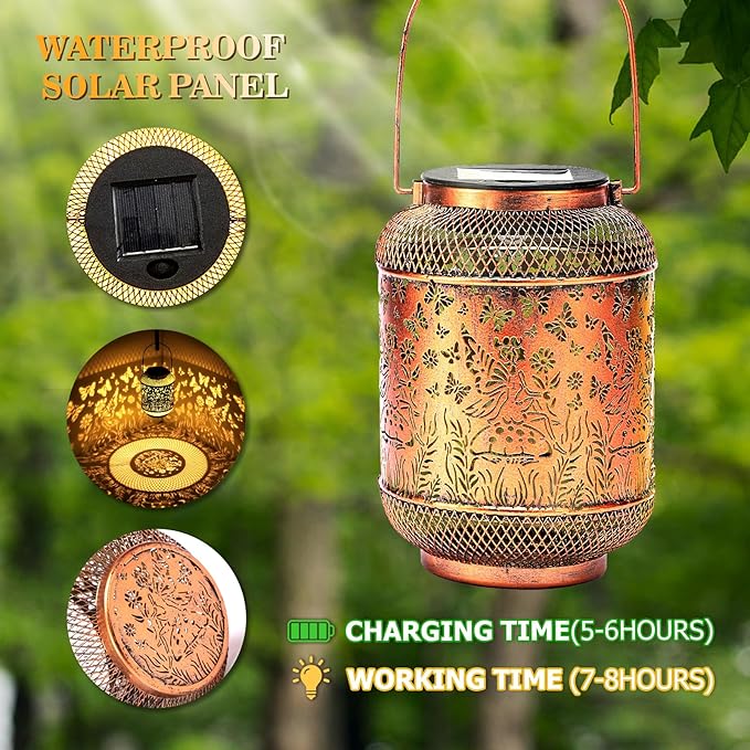Solar Lanterns Outdoor Waterproof Hanging Solar Lights, Butterfly Gardening Gifts for Women, Mom, Metal Decorative LED Fairy Lanterns for Yard, Patio, Lawn, Garden Decor