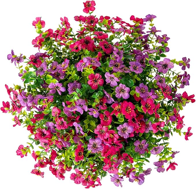 Artificial Faux Hanging Plants Flowers Basket for Spring Summer Outdoor Outside Decoration, Fake Silk Colorful Daisy Eucalyptus in Planter UV Resistant Realistic for Porch Patio Balcony Yard