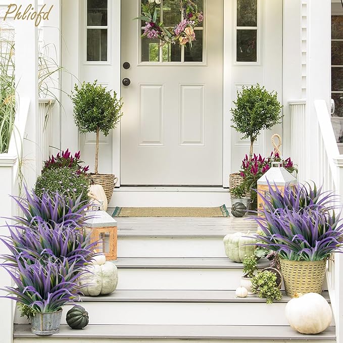 6Pcs Artificial Grass Fake Plants 17.3in Outdoor Plants UV Resistant Faux Greenery Stems Fake Grass for Home Window Garden Office Patio Pathway Front Porch Halloween Décor Green & Purple